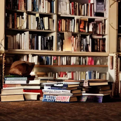 Image similar to a pile of books on a bedside table, from netflix show, stranger things ( 2 0 1 6 )