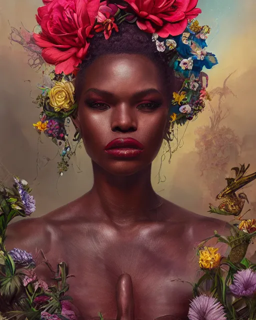 Image similar to portrait of the africo - american queen of the underworld, surrounded by flowers by karol bak, james jean, tom bagshaw, rococo, sharp focus, trending on artstation, cinematic lighting, hyper realism, octane render, 8 k, hyper detailed.