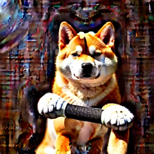 Image similar to close - up photo of shiba inu holding huge mace in paws, standing vertically, ( eos 5 ds r, iso 1 0 0, f / 8, 1 / 1 2 5, 8 4 mm, postprocessed, sharp )