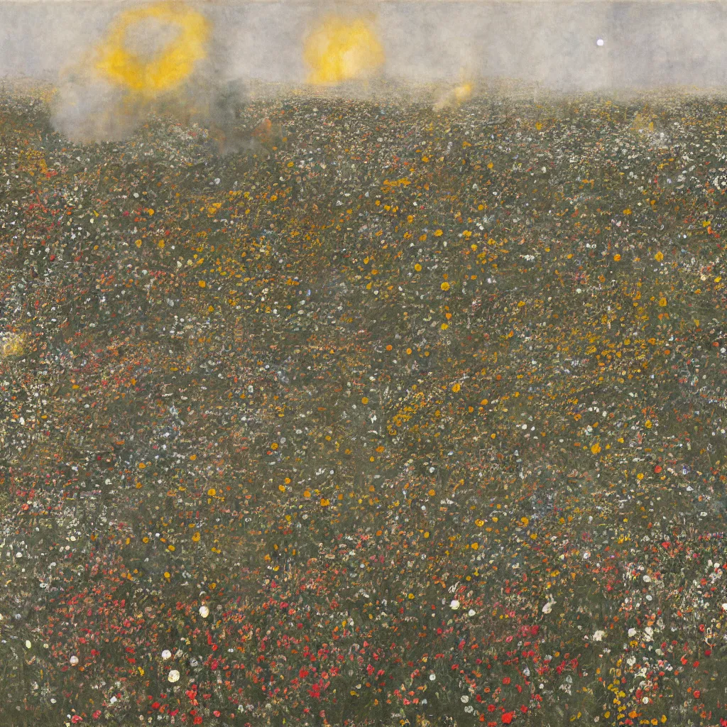 Prompt: wreckage of a crashed spaceship in a field of wildflowers, fire and smoke, moody lighting, low angle, wide angle, close-up, by Hilma af Klint and Kazimir Malevich