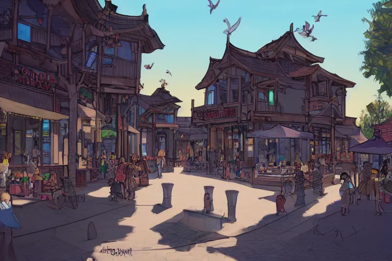 Prompt: townsquare in a sunny day, artwork by tooth wu, very coherent, dark shadow, thick lineart