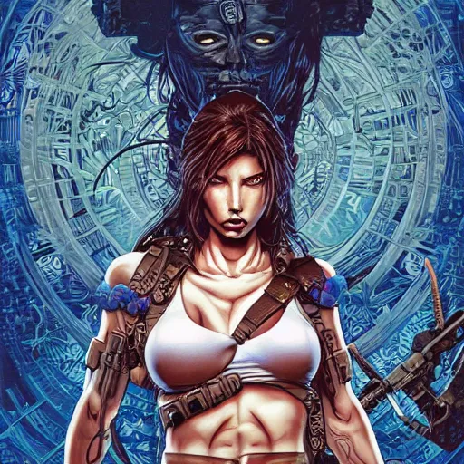 Image similar to portrait of crazy lara croft, symmetrical, cinematic colors, by yoichi hatakenaka, masamune shirow, josan gonzales and dan mumford, ayami kojima, takato yamamoto, barclay shaw, karol bak, yukito kishiro