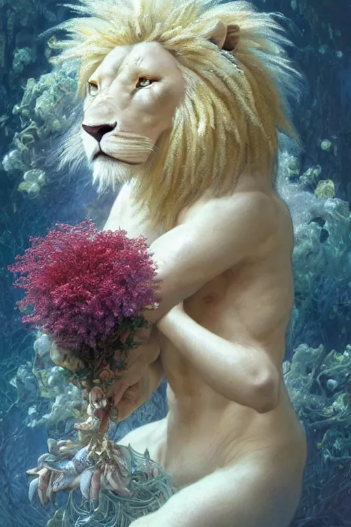 Image similar to portrait of a beautiful mysterious albino male furry anthro lion holding a bouquet of flowing flowers, mane flowing upwards, small bubbles surrounding him, hands hidden under the bouquet, submerged underwater filled with colorful small fish and coral reef, fantasy, regal, intricate, by stanley artgerm lau, greg rutkowski, thomas kindkade, alphonse mucha, loish, norman rockwell