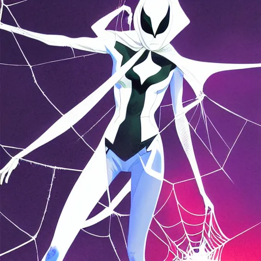 Prompt: Rafeal Albuquerque comic art, Joshua Middleton comic art, cinematics lighting, pretty female Emma Stone as Spider Gwen symmetrical face, Marvel comics, hanging from white web, playful smirk, city in background