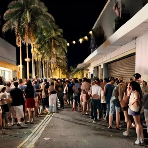 Prompt: a medium shot of a line of people outside of a trendy nightclub at midnight, palm trees on the street, directed by christopher nolan