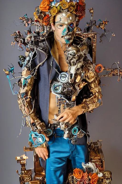 Image similar to full-body cyberpunk style sculpture of a young handsome Spanish prince half android with a chest opening exposing circuitry and a sparking motherboard, glowing blue eyes, crown of peach roses, flowing teal-colored silk, fabric, flowers. baroque elements, human skull. full-length view. baroque element. intricate artwork by caravaggio. many many birds birds on background. Trending on artstation, octane render, cinematic lighting from the right, hyper realism, octane render, 8k, depth of field, 3D