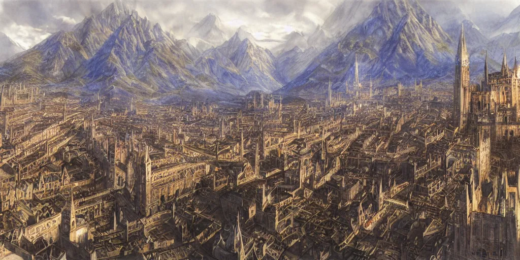 Image similar to The city of Gondolin, artwork by Alan Lee, The Lord of the Rings, Tolkien, The Fall of Gondolin, Silmarillion, fantasy, elves, art, painting, beautiful