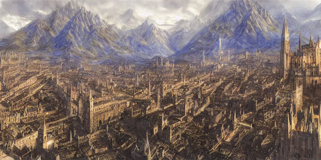 Prompt: The city of Gondolin, artwork by Alan Lee, The Lord of the Rings, Tolkien, The Fall of Gondolin, Silmarillion, fantasy, elves, art, painting, beautiful