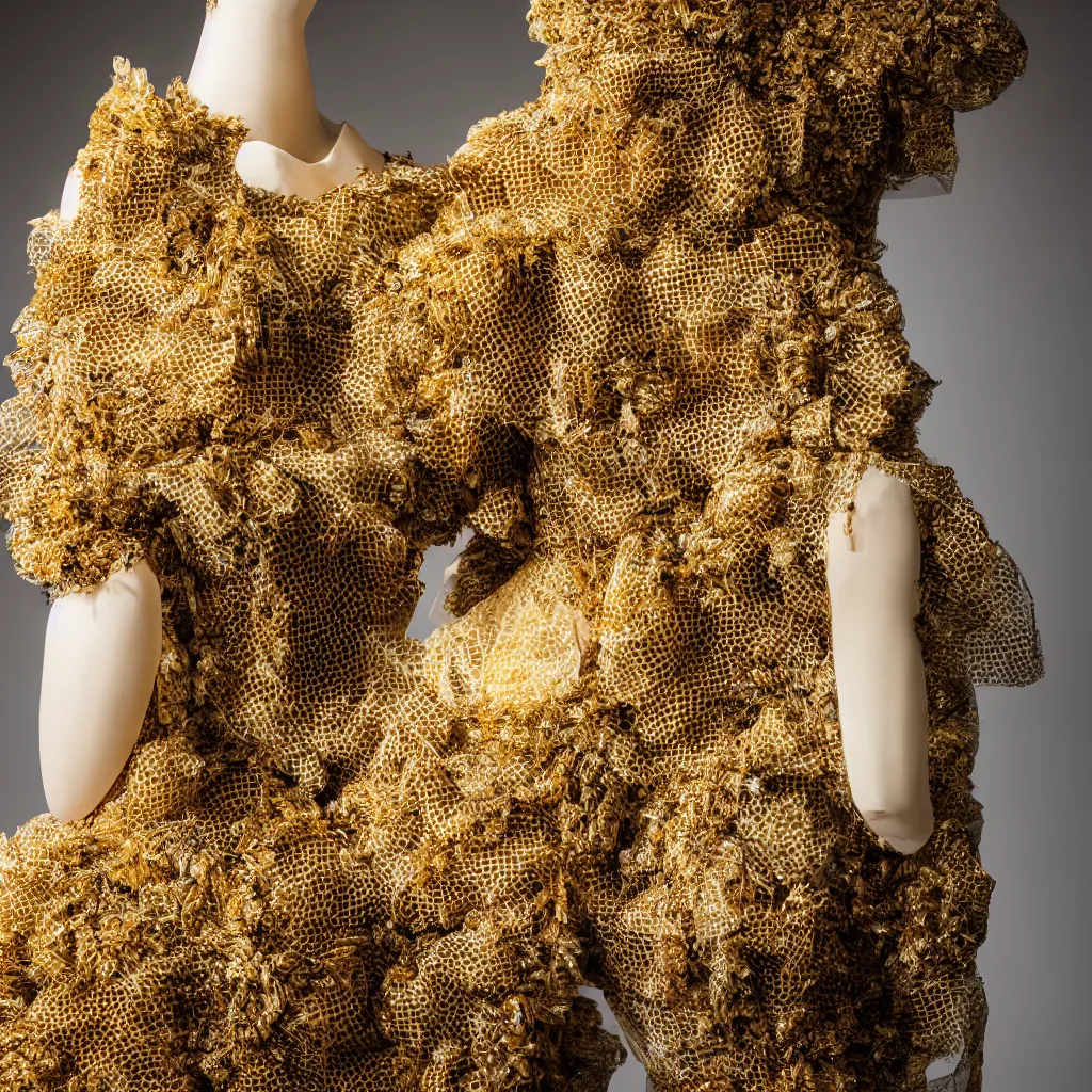 Image similar to a beautiful dress made of a real bee hive, on a mannequin. high resolution, studio lighting, closeup