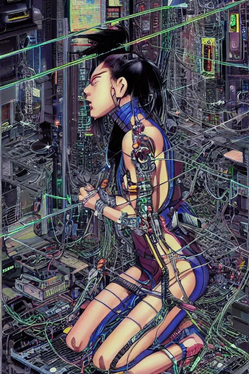 Image similar to an hyper-detailed cyberpunk illustration of a female android kneeling on the floor in a tech labor, seen from the side with her body open showing cables and wires coming out, by masamune shirow, Yukito Kishiro and katsuhiro otomo, japan, 1980s, centered, colorful