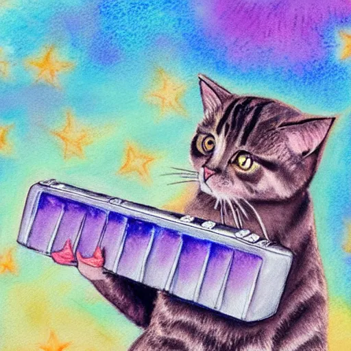 Image similar to pastel watercolor cute portrait of a cat playing the harmonica under the stars