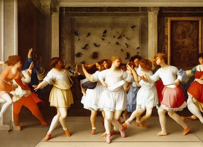 Image similar to realistic museum photography of a painting with a group of girls wearing white shorts, dancing with white pigeons in a wooden room in style raffaello sanzio, italian renaissance painting, detailed