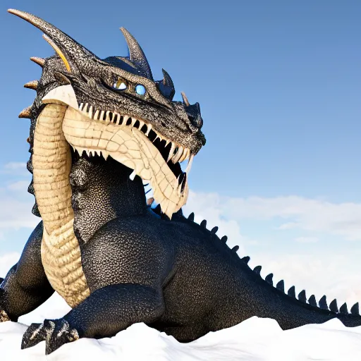 Prompt: a fearsome and beautiful western dragon sitting in the snow with a powerful stature, 8k, detailed, award winning