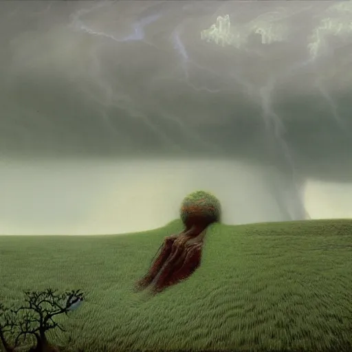 Prompt: killua zoldyck made by zdzisław beksinski, thunderstorm, 8 k, detailed, cinematic,