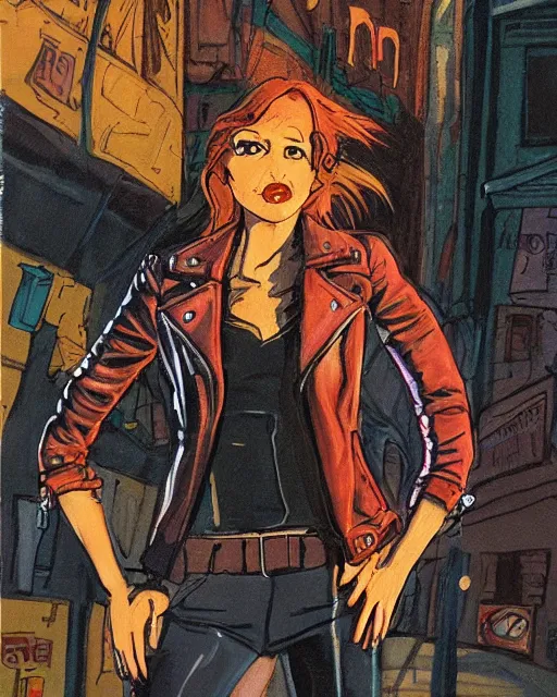 Image similar to young female protagonist in leather jacket, city street, artwork by ralph bakshi