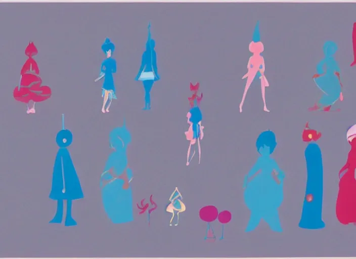 Prompt: character shape design exploration silhouettes of a delicate nubile waifish princess, minimalist mixed media layout from masaaki yuasa ( 1 9 9 7 )