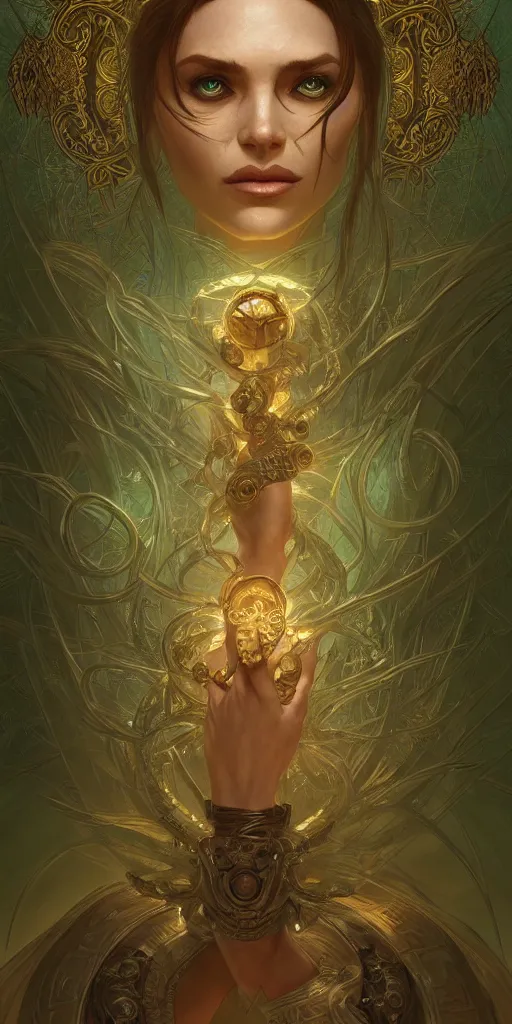 Prompt: sinister mage, snake queen, ancient, sand, emerald, intricate, highly detailed, digital painting, artstation, concept art, smooth, sharp focus, illustration, Unreal Engine 5, 8K, art by artgerm and greg rutkowski and alphonse mucha