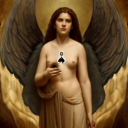 Image similar to angel standing in the front of gates of hell. angel is holdind large 6 of spades card. digital painting. art station. mood lighting. skindness, highly detailed, concept art, intricate, sharp focus, einar jonsson and bouguereau - h 1 2 0 0