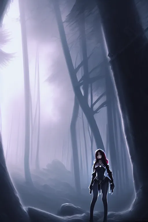 Prompt: Establishing shot, dramatic volumetric sunlight foggy atmospheric forest canopy scenery, girl with vampire-fangs clad in modest hide leather armor, hyperdetailed, symmetrical face, concept art, artstation, cgsociety, 8k