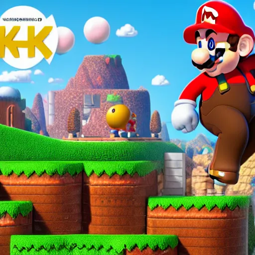 Image similar to an amazing landscape from the world of super mario 4 k, vray,