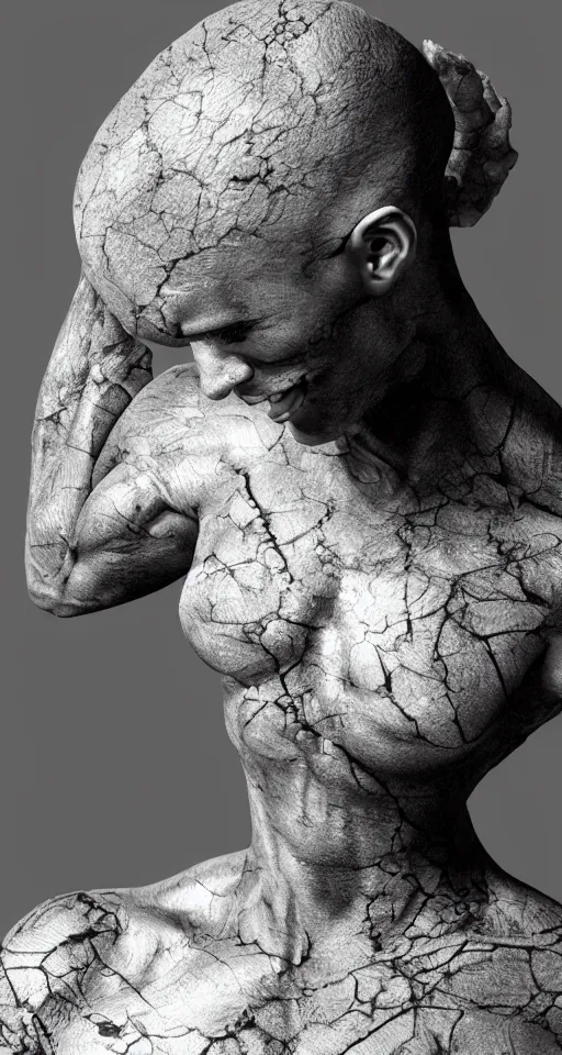 Image similar to hyper realistic of a stunning intricate cracked black marble falling african american angel body sculpture, highly detailed, white tone background, trending on artstation, hyperrealism, matte painting, subsurface scattering