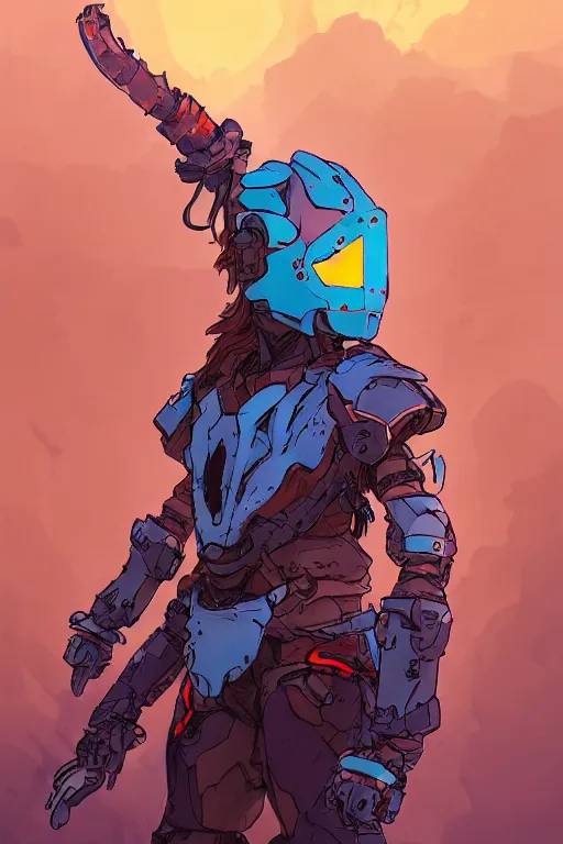 Image similar to combination suit armor aloy horizon forbidden west horizon zero dawn robot ninja mask helmet backpack tribal, art gta 5 comics, official fanart behance hd artstation by jesper ejsing, by rhads, makoto shinkai and lois van baarle, ilya kuvshinov, ossdraws radiating a glowing aura cgi rtx 2 0 2 2