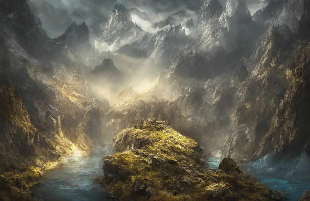 Image similar to a huge mountains and abandoned underground away in the style of martin deschambault, detailed dreamscape, hyperreal phantastic, intricate details in environment, golden ratio, high aestehtic, waterfalls and lakes, cinematic light dramatic light, lightrays, flying birds in distance, trending on artstation