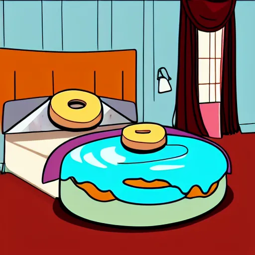 Image similar to a donut inside of a bed, cartoon, 4 k, poster art