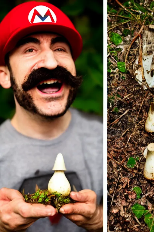 Image similar to photo of real life mario finding a giant amanita muscaria, exhilarated, portrait, closeup. mouth open, 3 0 mm, bokeh