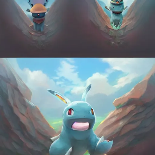 Image similar to a cute beautiful stone type pokemon with beautiful happy smile, full body portrait, highly detailed digital art, 3 d perspective, award - winning illustration, aesthetic, smooth, pokemon style, made by greg rutkowski, with an alien landscape in the background