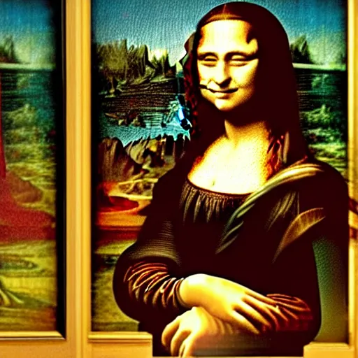 Prompt: failed restoration of mona lisa, modernized features, partly ruined painting