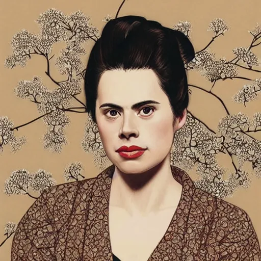 Image similar to “ hayley atwell portrait by ikenaga yasunari and ayana otake and ko rakusui, drawing, realistic, sharp focus, japanese, dreamy, nostalgia, faded, golden hues, floral clothes ”