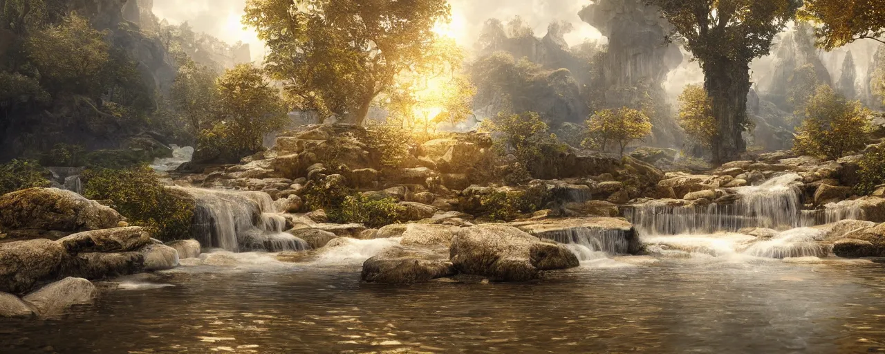 Image similar to of the throne of god and flowing from the throne is a river of the water of life as clear as crystal and in the middle of the river is a golden street and on either side of the river is a tree of life by daniel f. gerhartz and matt stewart, fantasy, photorealistic, octane render, unreal engine, dynamic lighting