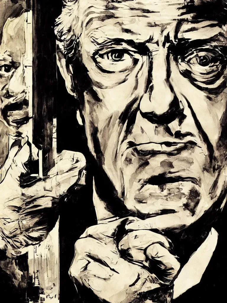 Prompt: michael caine as james bond, symmetrical face, symmetrical eyes, art by Frank Miller