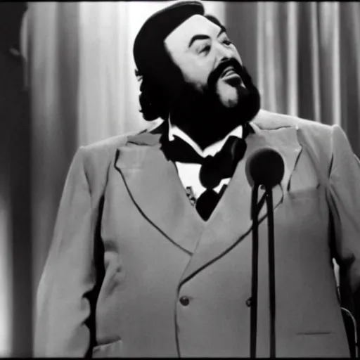 Image similar to film still of luciano pavarotti as kane giving a speech in citizen kane 1 9 4 1