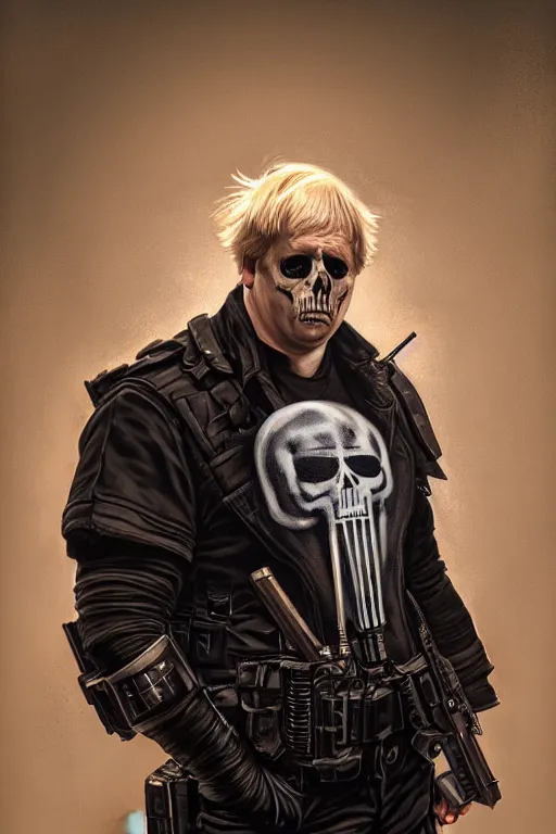 Prompt: Boris Johnson as Punisher, portrait, skull spraypainted on the vest, highly detailed, digital painting, artstation, concept art, smooth, sharp focus, illustration, cinematic lighting, art by artgerm and greg rutkowski and alphonse mucha