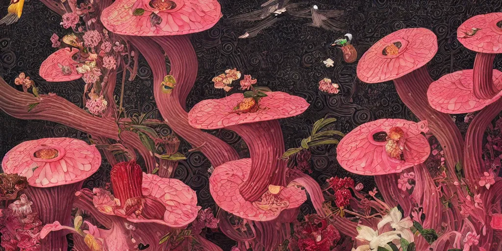 Image similar to breathtaking detailed concept art painting art deco pattern of faces goddesses of rafflesia arnoldii flowers with anxious piercing eyes and blend of flowers and birds, by hsiao - ron cheng and john james audubon, bizarre compositions, exquisite detail, extremely moody lighting, 8 k