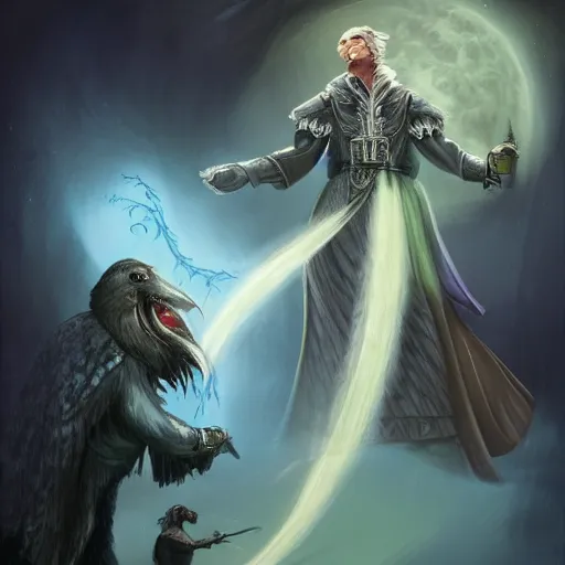 Image similar to Meneldas the Magnificent, a proud wizard with a raven familiar, 8k resolution, full-length portrait, digital painting, fantasy illustration by Brom, D&D character art