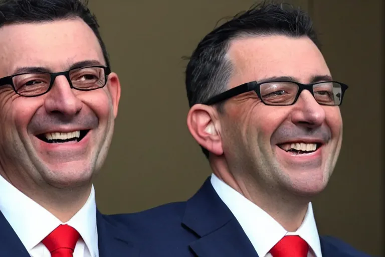 Image similar to Premier Daniel Andrews smiles as Melbourne city burns to the ground