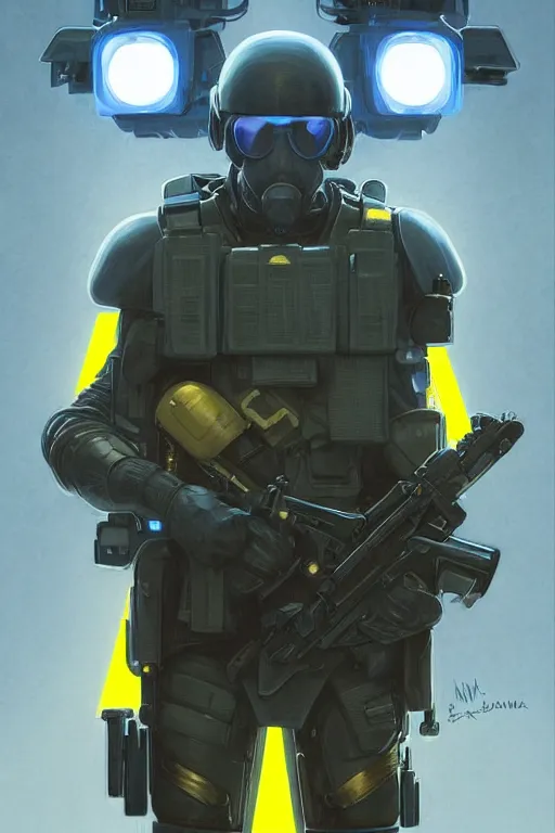 Prompt: a swat unit modern technology, blue and yellow shoulder patch, realistic portrait full body, symmetrical, highly detailed, digital painting, artstation, concept art, smooth, sharp focus, illustration, cinematic lighting, art by artgerm and greg rutkowski and alphonse mucha