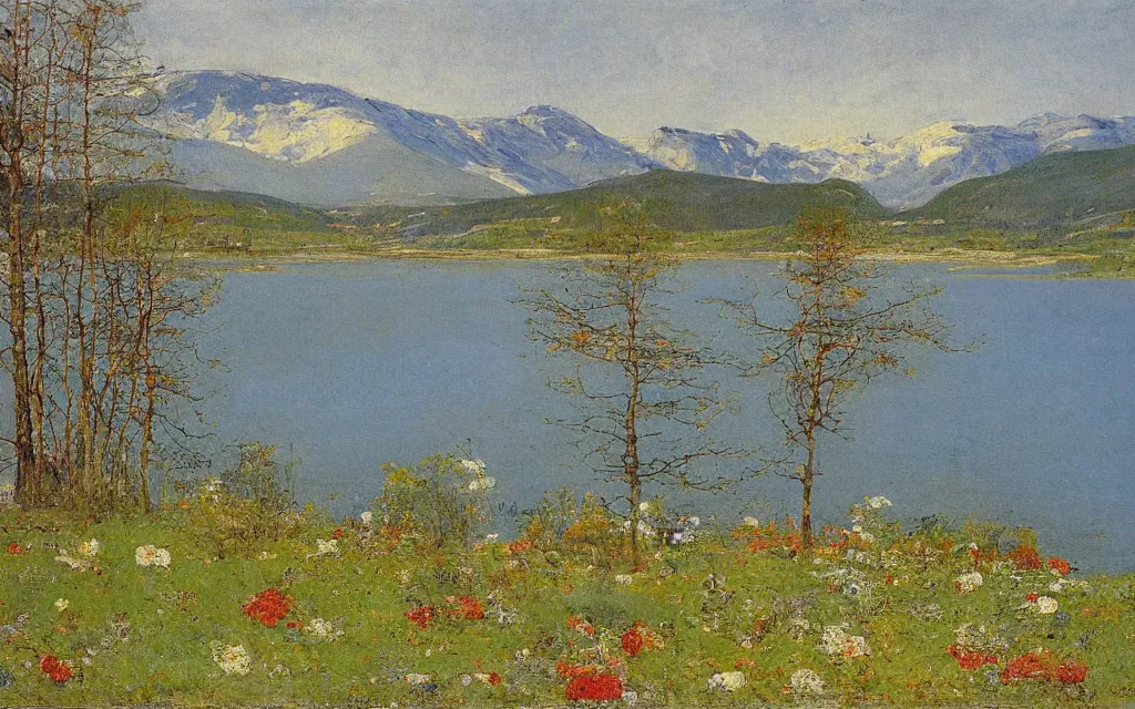 Prompt: a painting of large lake in norway, spring, oil on canvas, by carl larsson