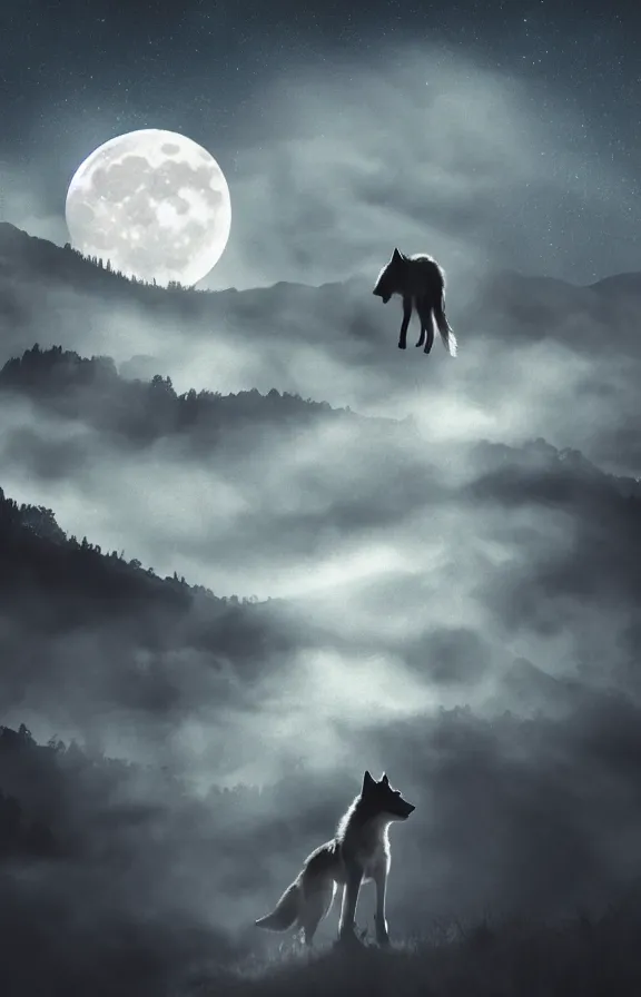 Image similar to a photograph of a wolf at full moon in a mountainous environment, full moon with fog and clouds, concept art, epic lighting, cinematographic