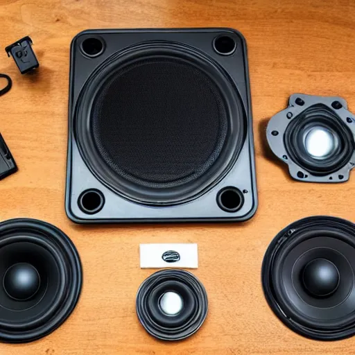 Prompt: a speaker taken apart and all its parts laid out neatly on a table