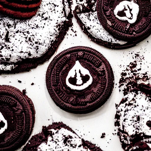 Image similar to an oreo with the imprint of the devils face on the chocolate cookie, photography, cinematic