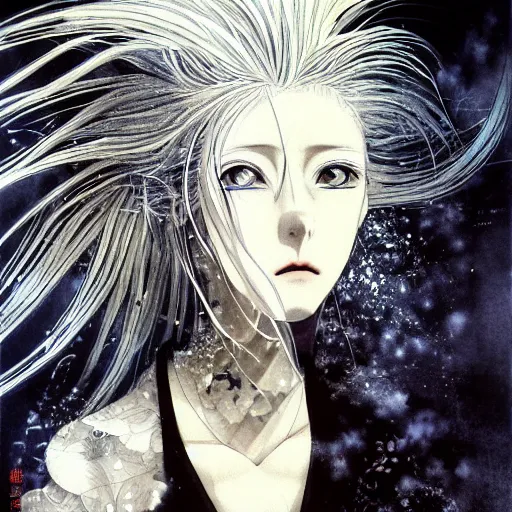 Image similar to Yoshitaka Amano realistic illustration of an anime girl with white hair and cracks on her face wearing dress suit with tie fluttering in the wind, abstract black and white patterns on the background, noisy film grain effect, highly detailed, Renaissance oil painting, weird portrait angle