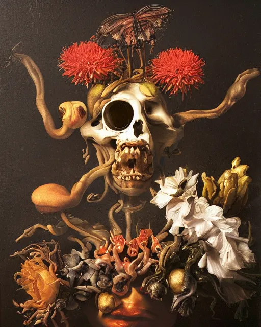 Image similar to refined gorgeous blended oil painting with black background by christian rex van minnen rachel ruysch dali todd schorr of a chiaroscuro portrait of an extremely bizarre disturbing mutated man made of still life flowers and rubber insects with shiny skin acne dutch golden age vanitas intense chiaroscuro cast shadows obscuring features dramatic lighting perfect symmetry perfect composition masterpiece