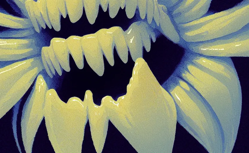 Image similar to close up of a beautiful flower with a mouth with teeth in the middle by Greg rutkowski