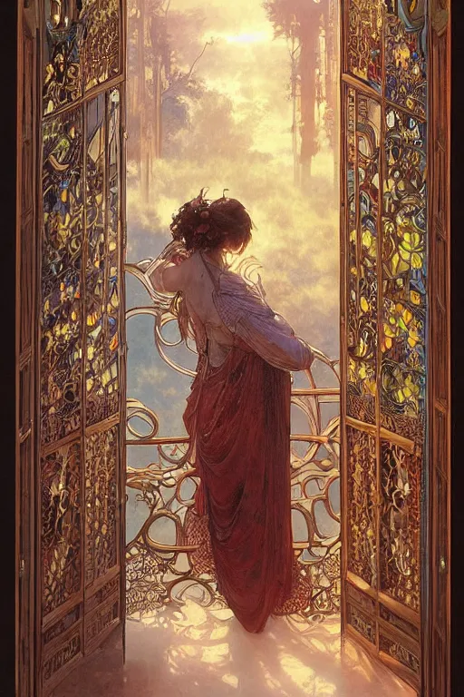 Image similar to large rustic intricately decorated wooden double door, metal handles, a view to a fantasy world, ethereal back light, mist, coherent composition, fantasy painting by noriyoshi ohrai, yuumei, alphonse mucha