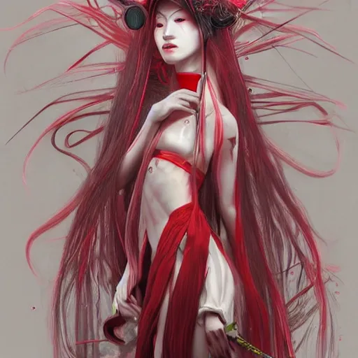 Image similar to albino maiko with very long fantasy hair, dluent composition, red and white neon, concept art, intricate details, highly professionally detailed, cgsociety, highly detailed -