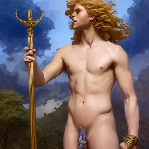 Prompt: Apollo the pale blond Greek God league of legends on his day off, strong fat bacchanalian body, long fluffy curly blond hair, highly detailed, digital painting, artstation, concept art, smooth, sharp focus, illustration, ArtStation, art by artgerm and greg rutkowski and alphonse mucha and Edmund Blair Leighton and Charlie Bowater